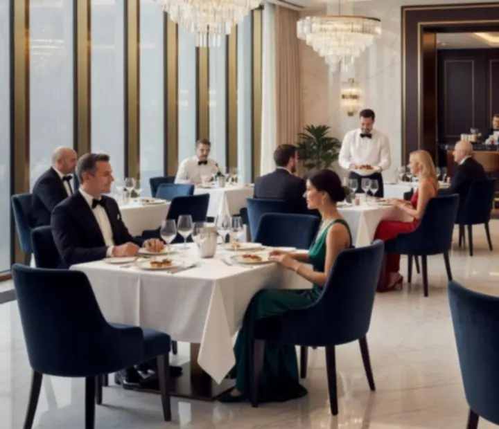 Panorama luksusowej restauracji połączonej z elegancką strefą gier w Kravinostrefa
