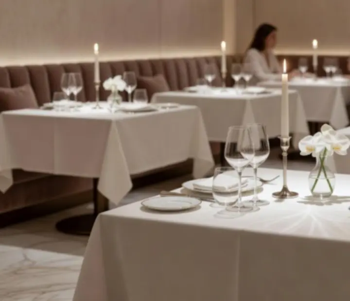 Eleganckie stoliki w jasnej części restauracyjnej Kravinostrefa, z widokiem na luksusowe detale wystroju.