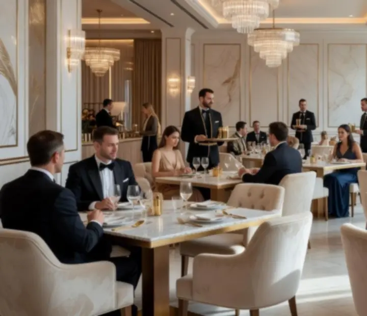 Eleganckie, jasne wnętrze restauracji Kravinostrefa łączące strefę restauracyjną z kasynowym lounge.